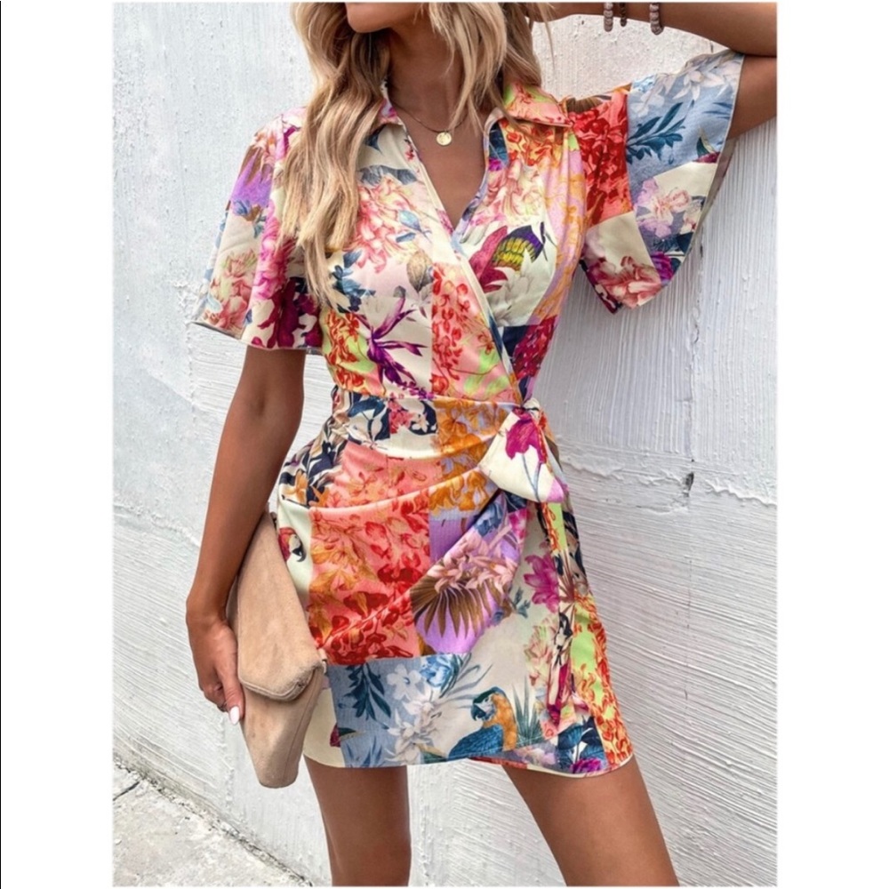 Boho Floral Tropical Butterfly Wrap Mini Dress - Picture 1 of 12